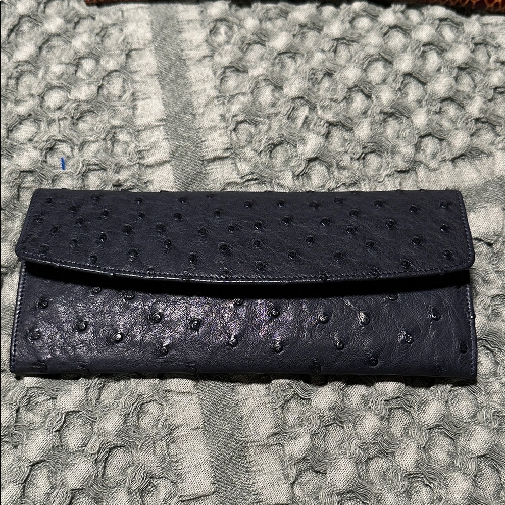 Classic Ostrich-Leather Clutch Wallet in Deep Navy NWT